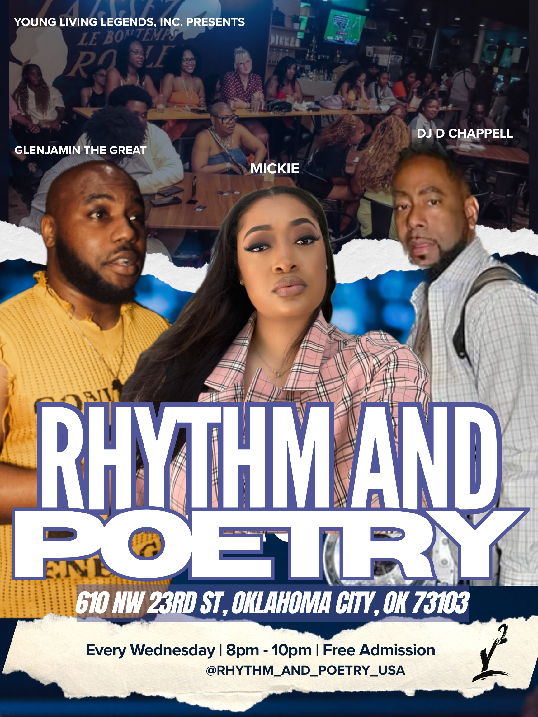 Rhythm And Poetry event flyer with performers and weekly Wednesday details